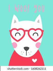 Cute cartoon dog illustration with text "I WOOF YOU" for valentine's day card design.