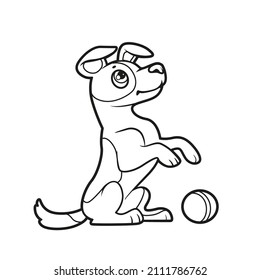 Cute cartoon dog jack russell terrier stands on his hind legs in front of the ball outlined for coloring book on white background