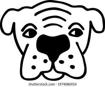 Cute cartoon dog for kids. Hand-drawn funny bulldog head. Black doodle big nosed pet. Stylized mastiff wrinkled muzzle. Vector nice doggie. Friendly animal for canine icons. Baby fabric surface design