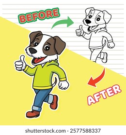 Cute cartoon dog mascot wear yellow hoodie and blue jeans giving a thumbs-up while walking. Perfect for kids' coloring books, this cheerful design is ideal for engaging and creative activities.