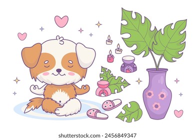 Cute cartoon dog meditating, aroma lamp with candles, slippers and vase with tropical leaves Monstera. Funny kawaii character animal. Vector illustration. Isolated elements relaxation and hobbies