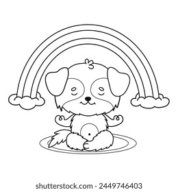 Cute cartoon dog meditating under rainbow. Funny outline animal character kawaii . Vector illustration. Line drawing, coloring book. Kids collection