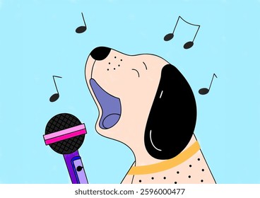 Cute cartoon dog, mouth wide open, singing into a microphone.