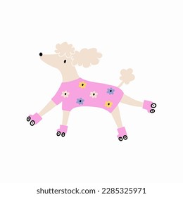 Cute cartoon dog on roller skates. Fun pet character - vector illustration in modern style. 