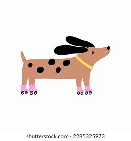 Cute cartoon dog on roller skates. Fun pet character - vector illustration in modern style. 