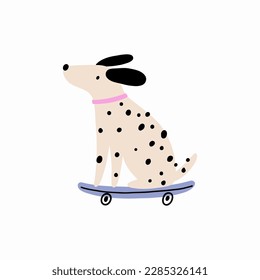 Perro de dibujos animados en una patineta. Carácter de mascota divertida - ilustración vectorial en estilo moderno. 