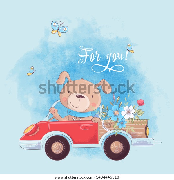 Cute cartoon dog on a truck with flowers,\
postcard print poster for a child s\
room.