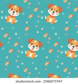 Cute Cartoon Dog Pattern with Hearts, Paw Prints, and Flowers on Teal Background