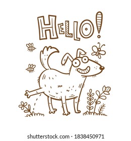 Сard with cute cartoon dog peeing on grass. Funny puppy in nature. Joyful animal for a walk. Vector line art. Comic pet print.