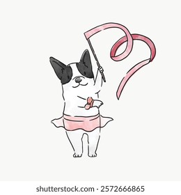 Cute cartoon dog in a pink tutu with a ribbon. The dog is dancing, wearing a tutu, and holding a ribbon. Adorable dog illustration with a tutu and ribbon. Doodle vector illustration isolated on white.