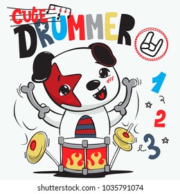Cute cartoon dog playing the drum isolated on white background illustration vector.