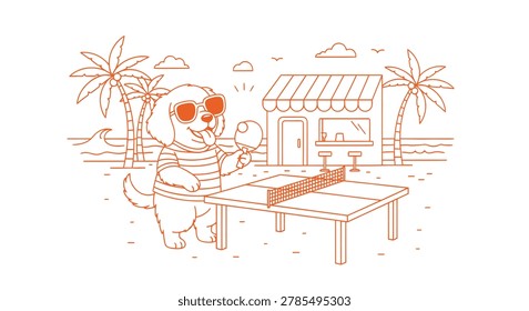 Cute cartoon dog playing table tennis on a tropical beach. Orange line art illustration featuring a puppy in sunglasses at a seaside resort with palm trees and a beach bar.
