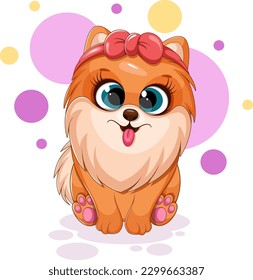 Cute cartoon dog, pomeranian spitz with bow-knot, funny card