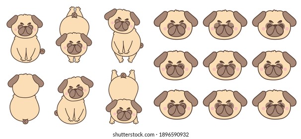 Cute cartoon dog pug character collection, With different emotions, hand drawn illustrations.