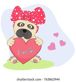 Cute Cartoon Dog pug with heart  an inscription - I Love You. Graphics for t-shirts. Greeting card. Vector illustration.
