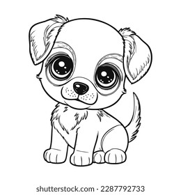 Perro o cachorro de dibujos animados. Bebé mascota en el dibujo de líneas. Ilustración vectorial aislada en fondo blanco. Para una página o un libro de coloración para niños y adultos imprimibles, la actividad de los niños pequeños.