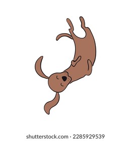 Cute cartoon dog, puppy lying on its back funny character illustration. Hand drawn vector, isolated. Line drawing. Domestic animal logo. Design concept pet food, branding, business, vet, print, poster
