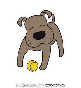 Cute cartoon dog, puppy playing with ball funny character illustration. Hand drawn vector, isolated. Line drawing. Domestic animal logo. Design concept pet food, branding, business, vet, print, poster
