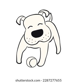 Cute cartoon dog, puppy playing with ball funny character illustration. Hand drawn vector, isolated. Line drawing. Domestic animal logo. Design concept pet food, branding, business, vet, print, poster