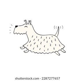 Cute cartoon dog, puppy running, barking funny character illustration. Hand drawn vector, isolated. Line drawing. Domestic animal logo. Design concept pet food, branding, business, vet, print, poster