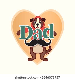 Cute cartoon dog in red hoodie with open arms, standing before a heart. "Dad" text with moustache graphic. Perfect for Father’s Day cards, gifts, stickers, and social media posts