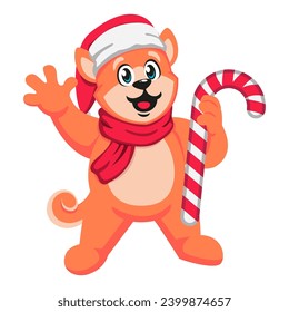 Cute cartoon dog in a red scarf and hat with candy cane