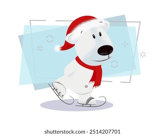 Cute cartoon dog in red scarf and Santa hat skating and having fun. Christmas vacation concept. Vector illustration can be used for banner design, festive posters, greeting cards, party invitations