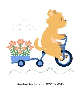 A cute cartoon dog riding a tricycle with a bike trailer full of flowers. Flat style illustration isolated on white background.