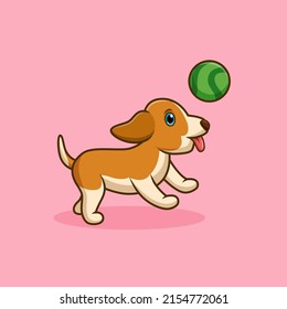 Cute cartoon dog run play ball happiness. Vector illustration