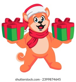 Cute cartoon dog in Santa hat with gift boxs