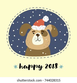 Cute cartoon dog in santa hat and a hand-written inscription happy 2018. Vector illustration is suitable for greeting cards, posters and prints on clothes.