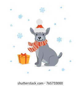 cute cartoon dog in santa xmas hat sitting in front of a gift box, present. happy new year 2018 vector illustration