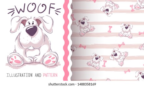 Cute cartoon dog - seamless pattern. Hand draw