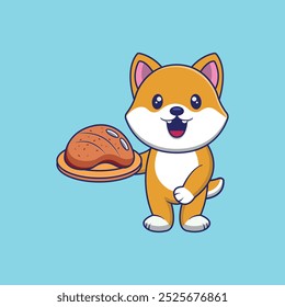 Cute Cartoon Dog Serving Food - Adorable Chef Vector Icon Illustration.