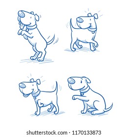 Cute Cartoon Dog Set. Sitting, Begging, Happy Wagging Tail, Listening. Hand Drawn Doodle Vector Illustration.