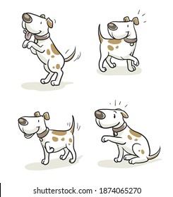 Cute cartoon dog set. Sitting, begging, happy wagging tail, listening. Hand drawn colored line art cartoon vector illustration.