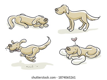 Cute cartoon dog set. Sleeping, running, standing. Hand drawn colored line art cartoon vector illustration.