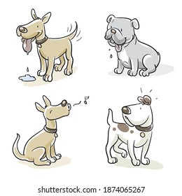 Cute cartoon dog set. Sleeping, running, standing. Hand drawn colored line art cartoon vector illustration.