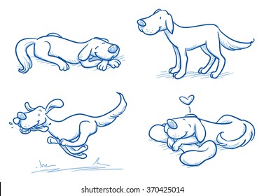 Cute cartoon dog set. Sleeping, running, standing. Hand drawn doodle vector illustration.