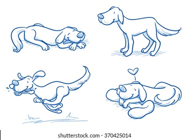 Cute Cartoon Dog Set. Sleeping, Running, Standing. Hand Drawn Doodle Vector Illustration.