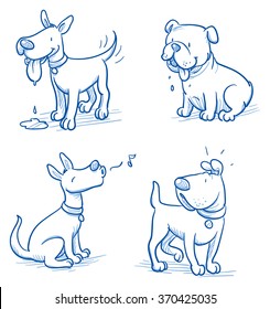 Cute cartoon dog set. Sleeping, running, standing. Hand drawn doodle vector illustration.