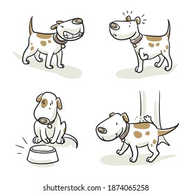 Cute cartoon dog set. Snarling, running, alert, hungry. Hand drawn colored line art cartoon vector illustration.