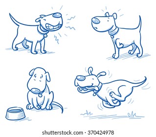 Cute cartoon dog set. Snarling, running, alert, hungry. Hand drawn doodle vector illustration.