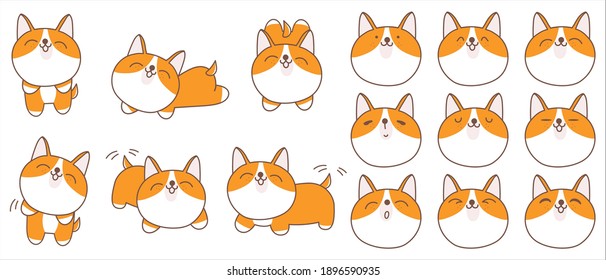 Cute Cartoon Hund Shiba Charakter Sammlung, Mit verschiedenen Emotionen, handgezeichnet Illustrationen.