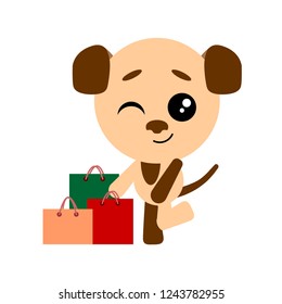 Cute cartoon dog shopping. The puppy stands next to the packages and winks.