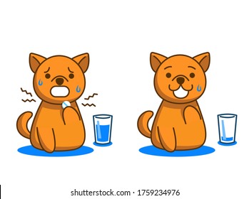 Cute cartoon dog sick before and after taking of medicine. Healthcare and medical concept. Vector illustration.