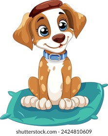 Cute cartoon dog sitting on a blue pillow.