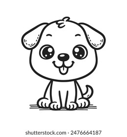 A cute cartoon dog is sitting on the ground. It has a tongue sticking out and is smiling