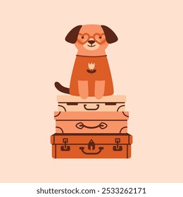 Cute cartoon dog sitting on stack of suitcases. Naive illustration with kawaii puppy. Modern clip art for card, banner, sticker. National Dog Day. Funny domestic pet. Flat Style.