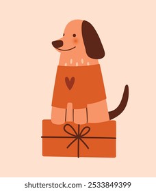 Cute cartoon dog sitting on gift box. Naive illustration with kawaii puppy. Modern clip art for birthday card, banner, sticker. National Dog Day. Funny domestic pet. Flat Style.